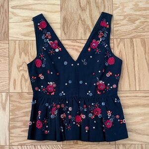 J. Crew Navy Top with Red and Pink Floral Embroidery